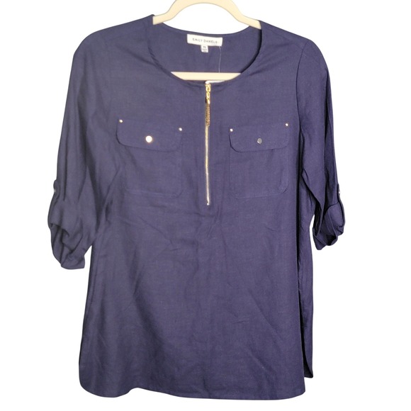 Emily Daniels Tops - Emily Daniels Navy Blue Linen Blend Roll Tab Sleeve Zip Blouse Womens PS